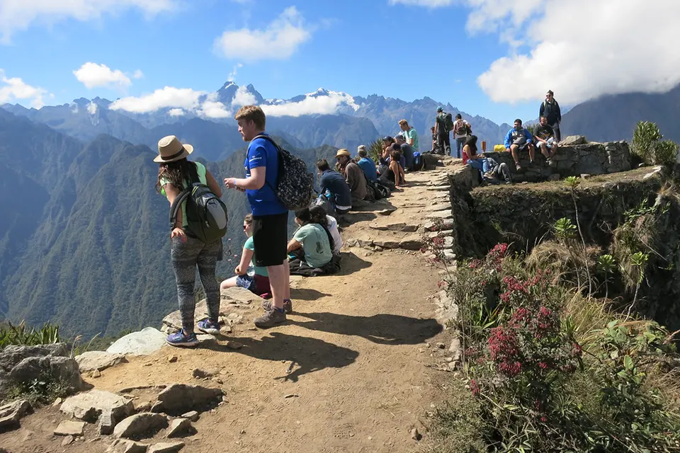 View from machu Picchu mountain and tourists